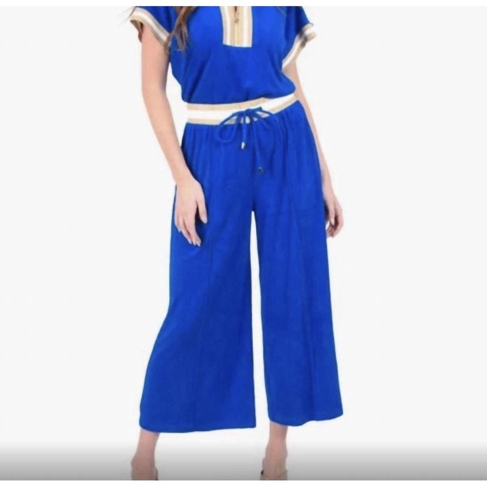 NWT Emily McCarthy Teddy Crop Wide Leg Trouser in Blue Sz L